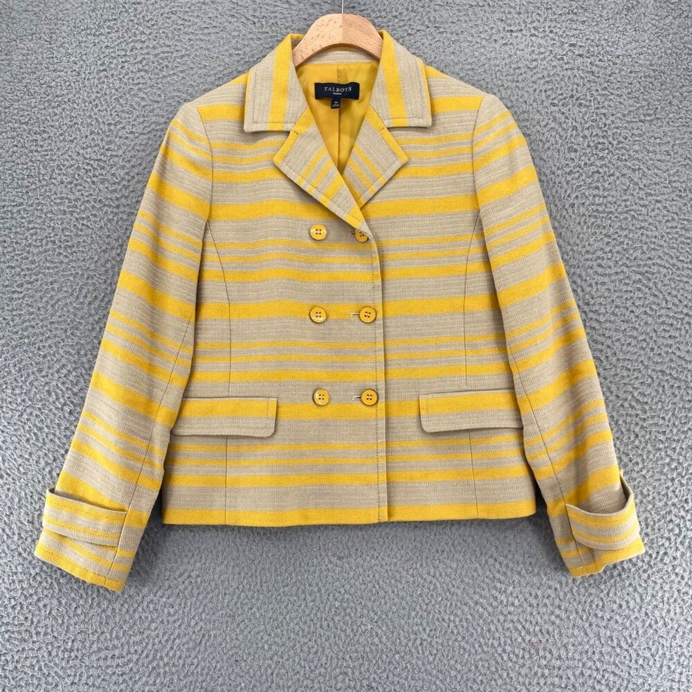 Talbots Coat Womens 4 Petite Yellow Beige Striped Linen Blend Double Breasted